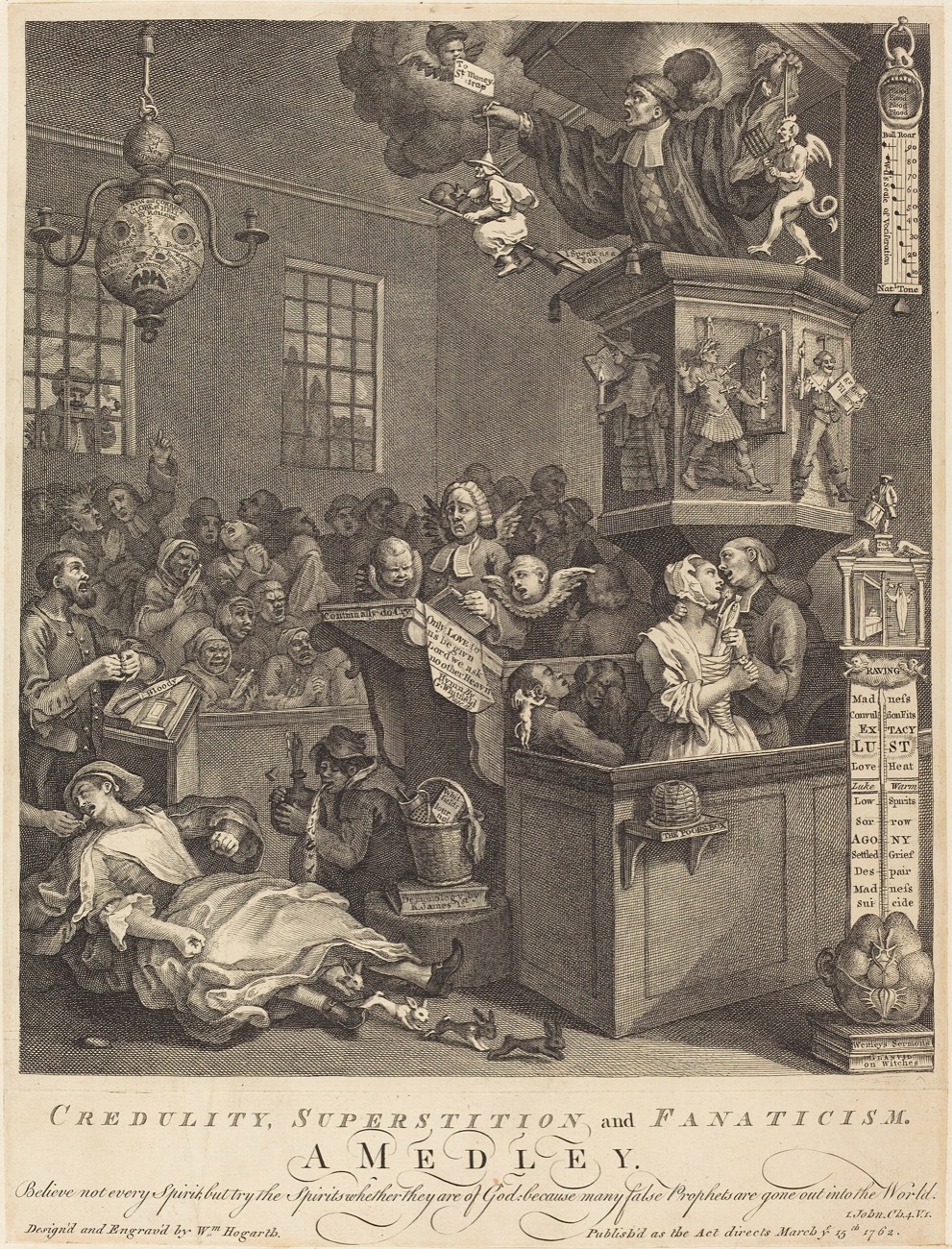 Hogarth, Credulity, Superstition, and Fanaticism, 1762. The Cock Lane ghost is on the thermometer at right. National Gallery of Art, CC0.